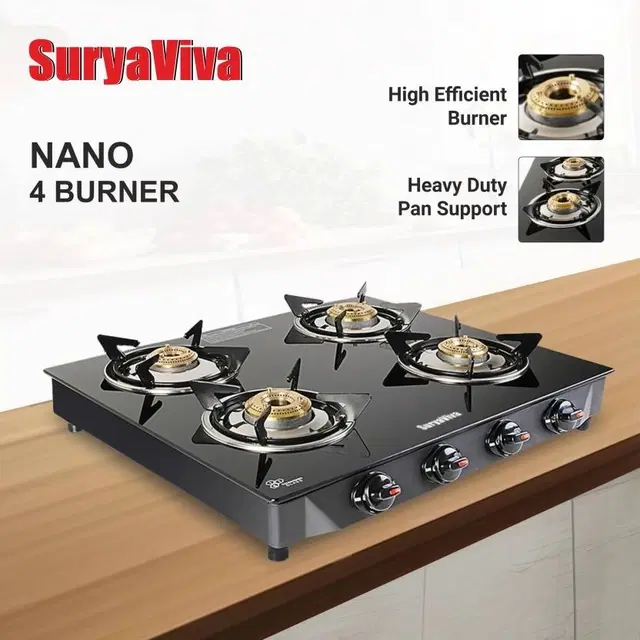SURYAVIVA Nano 4B BK Toughened Glass 4 Cast Iron (Manual Ignition,Black) Glass Manual Gas Stove (4 Burners)