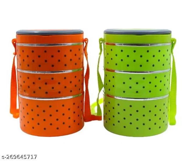 Plastic 3 Layer Lunch Box, Orange & Green, Pack of 2