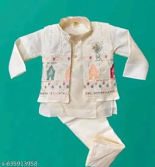 RK TRADERS Solid Embroidered Cotton Kurta Set for Boys (White, 18-24 Months)
