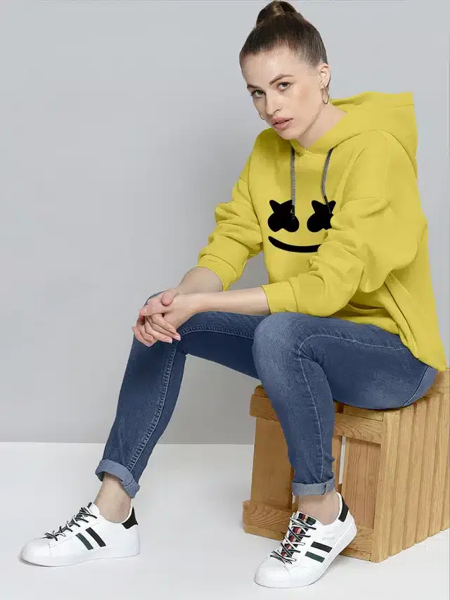 Full Sleeves Printed Hoodie for Women (Yellow, S)