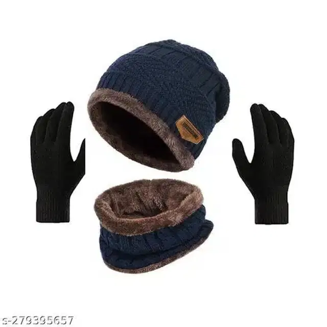 Woolen Beanie Cap with Neck Scarf & Hand Gloves for Men & Women, Set of 2 (Multicolor)