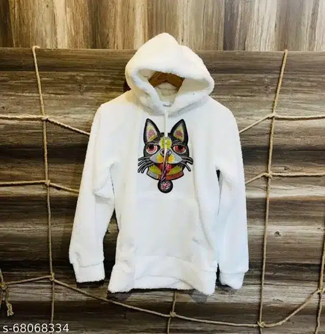 Fleece Full Sleeves Hooded Sweatshirt for Women (White, M)