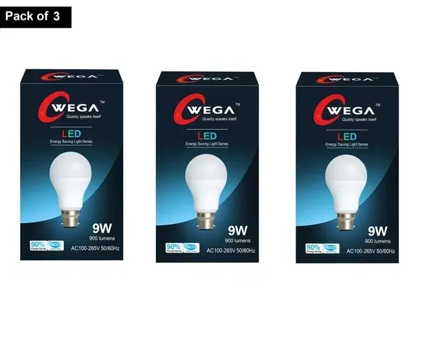 Wega 9 W Standard B22 LED Bulb, Cool White, Pack of 3