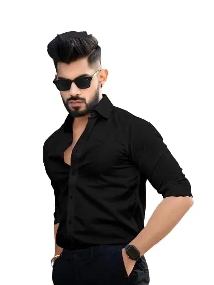 Cotton Blend Full Sleeves Solid Shirt for Men, Black (XXL)