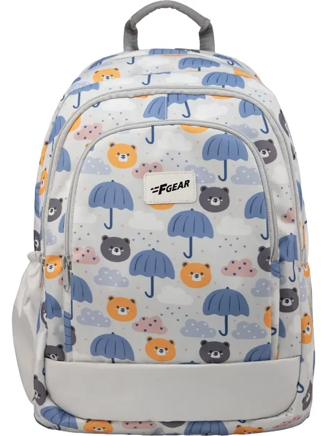 F Gear Medium 23 L Backpack Cosmo Teddy Prints Kids School Backpack, 3 Compartments With Bottle Holder (White)