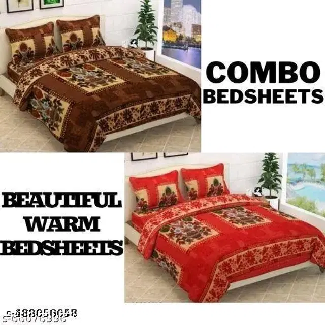 Woolen Double Size Bedsheet with 2 Pillow Covers, Multicolor, 90x90 inches, Pack of 2