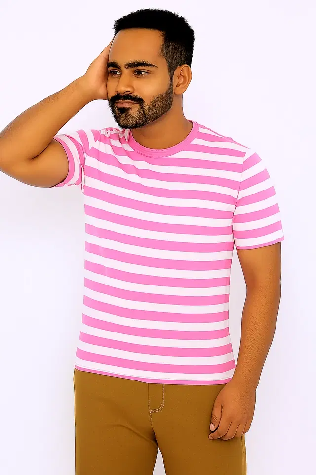 Cotton Stripes T-shirt for Men, Pink (S)