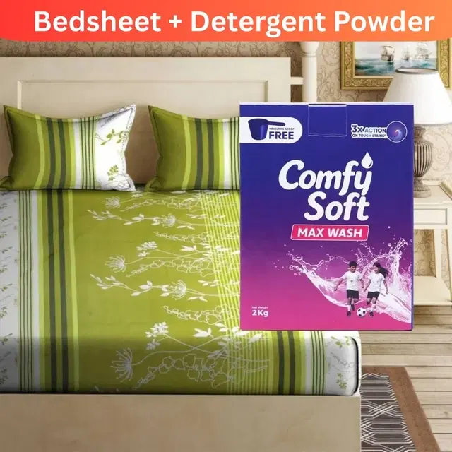 Comfy Soft Max Wash Detergent Powder 2 Kg Box + Fitted Double Bedsheet With 2 Pillow Covers Polycotton Cotton, 88 X 90, Green Floral