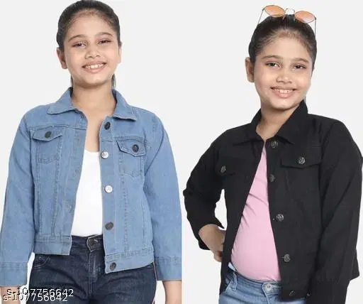 Denim Jacket for Girls, Pack of 2 (Blue & Black, 5-6 Years)