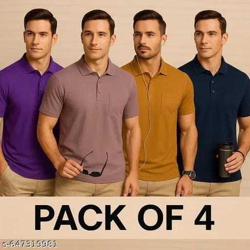 Cotton Blend Solid T-shirt for men, Multicolour (XL) Pack of 4