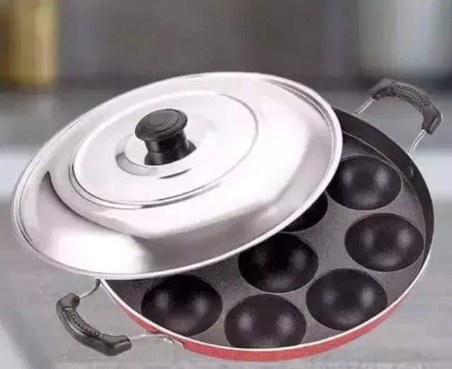 ZODEX 12 Cavities Non Stick Appam Patra with Lid and Side Handle, Multicolor, 21 cm