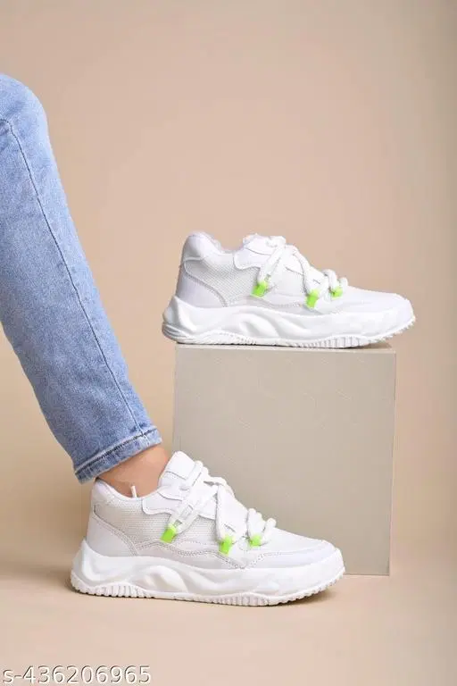 Solid Synthetic Sneakers for Girls (White, 11-12 Years)