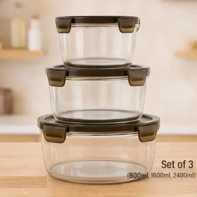 Round 3 Pcs Food Storage Container, 800ml,1600ml,2400ml, Assorted