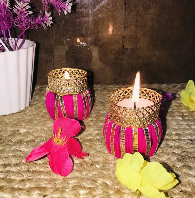 Metal Designer Tealight Candle Holder, Pink, 4.5x4.5x5 cm, Pack of 2