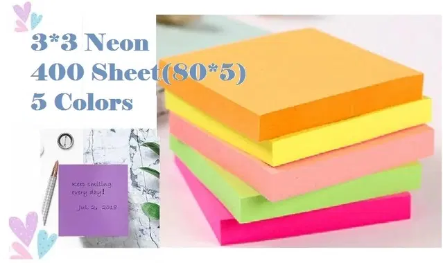 Paper Neon 80 Pcs Sticky Notes, Multicolor, 3x3 inches, Pack of 5