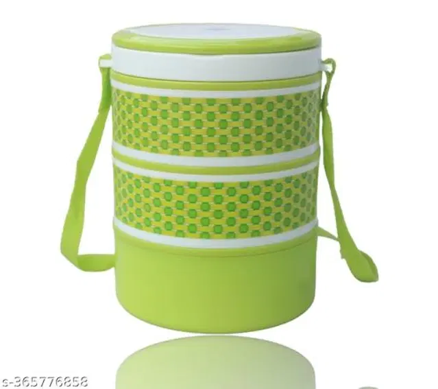 Plastic 3 Layer Lunch Box, Green & White