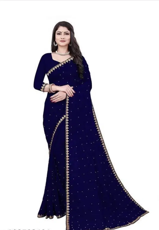 Lycra Blend Embroidered Saree for Women (Navy Blue, 6.3 m)