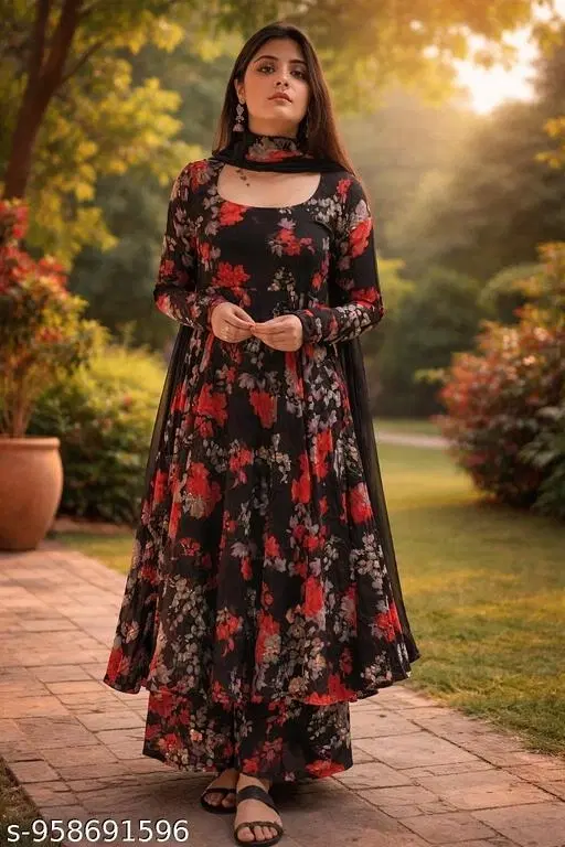 Heavy Design Georgette Kurta Set for Women (Black, XS)