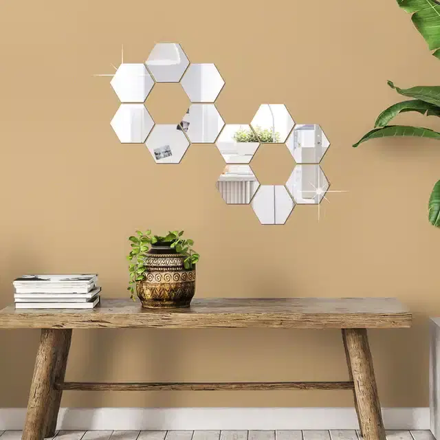 Acrylic Hexagon Shaped Wall Mirror Stickers, Silver, Pack of 12