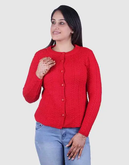Women's Full Sleeves Cardigan (Red, L) (M26)