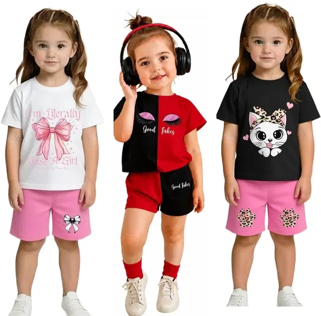 Graphic Print Cotton Blend Clothing Set for Girls, Pack of 3 (Multi, 0-6M)