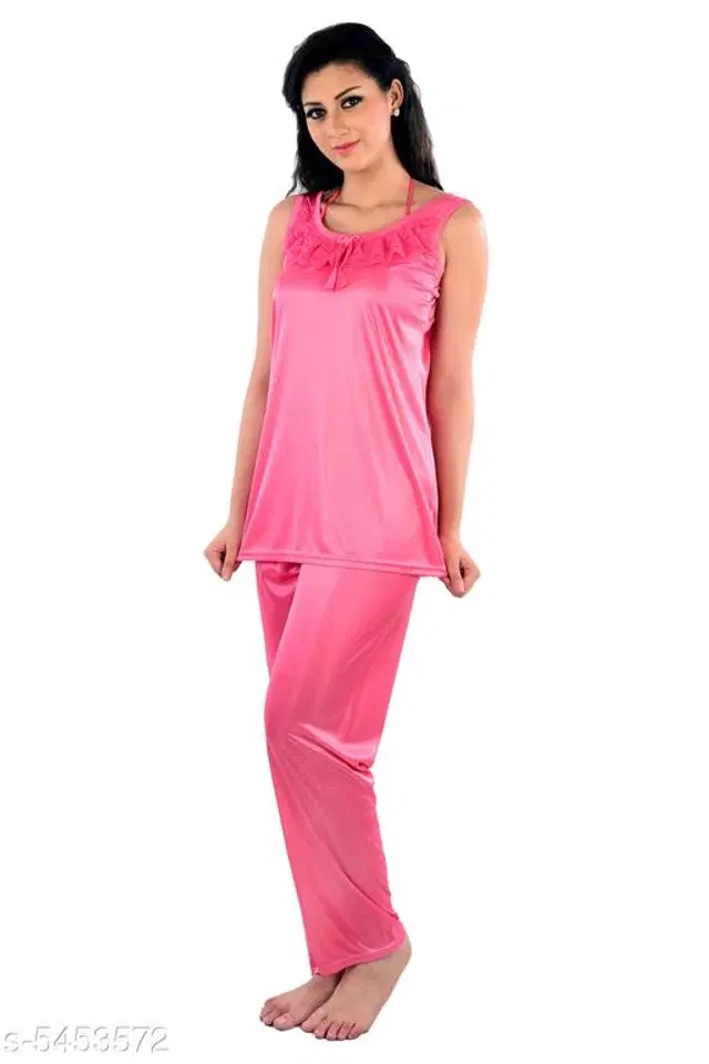 Satin Nightsuit Set for Women (Pink, M)