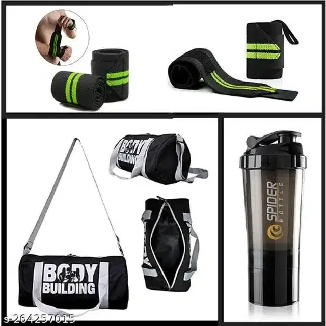 Combo of Gym Bag with Shaker Bottle, 400 ml, Wrist Support Bands, Multicolor, Set of 3