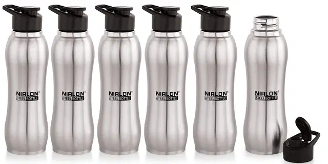 Nirlon Aqua Flip Single Wall Stainless Steel Water Bottle 750Ml, Fridge Water Bottle / Sipper Water Bottles For Fridge, School,Gym,Home,Office,Boys, Girls, Kids, Leak Proof(Silver Colour|Set Of 6)