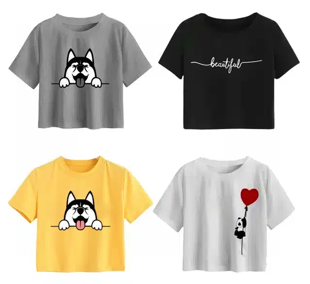 Cotton Printed Crop Tops for Girls, Pack of 4 (Multicolor, 11-12 Years)