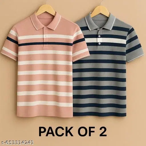 Cotton Blend Striped T-shirt for men, Multicolour (L) Pack of 2