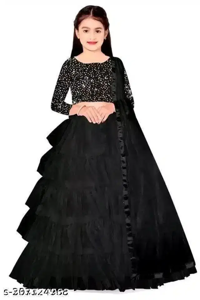 Velvet Lehenga Choli With Dupatta for Girls (Black, 15-16 Years)