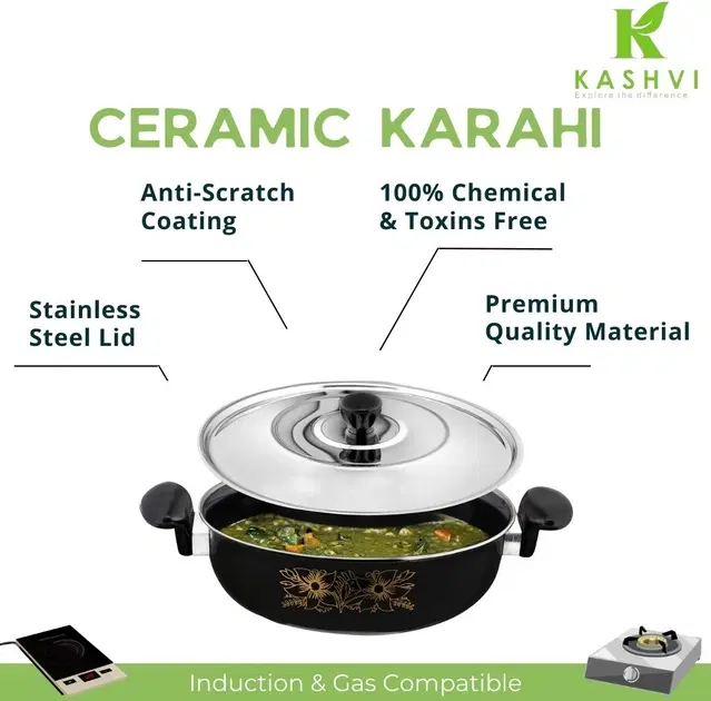 Cast Iron Kadai with Lid, Black & Silver, 28 cm