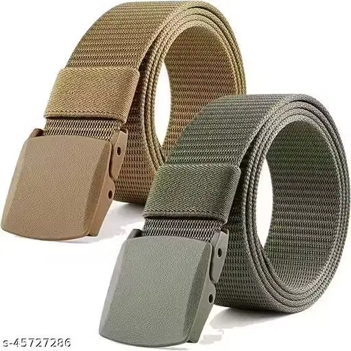 Nylon Belts for Men (Green & Beige, Pack of 2)