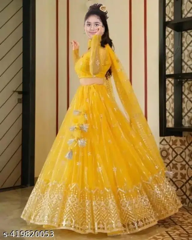 Net Lehenga with Choli & Dupatta for Girls (Yellow, 3-4 Years)
