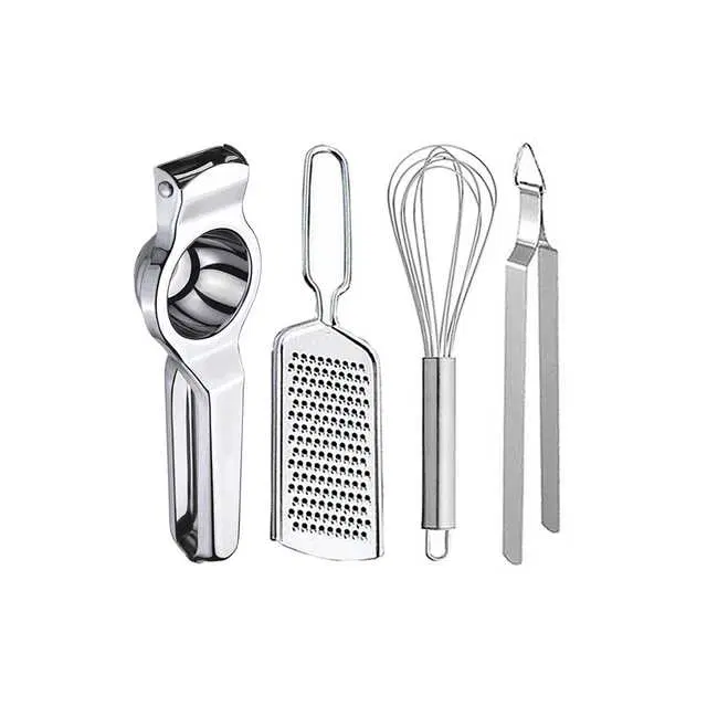 Oc9 Stainless Steel Lemon Squeezer & Cheese Grater & Egg Whisk & Roti Chimta Kitchen Tool Set, O-35