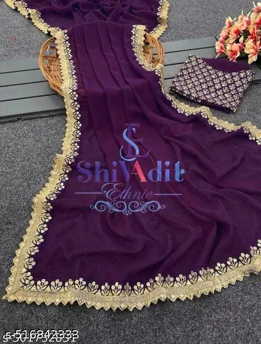 Chiffon Applique Saree For Women, Purple