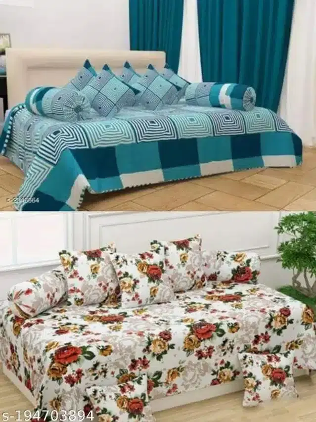 Polycotton Diwan Cover Set, Teal & Cream, Combo of 2