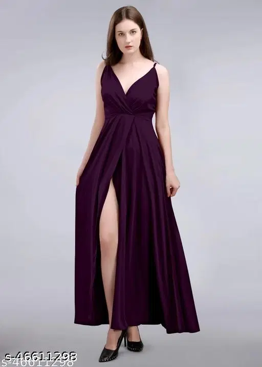 Crepe Solid Dress for Women, Purple (M)
