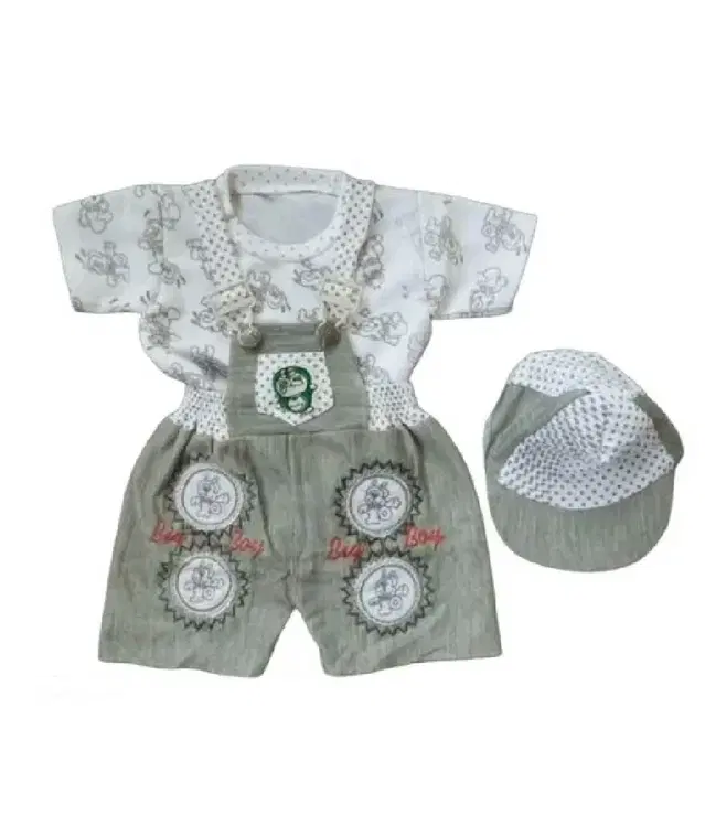 Dungaree Set with T-Shirt & Cap for Newborn Baby Boy (White & Grey, 6-9 Months)