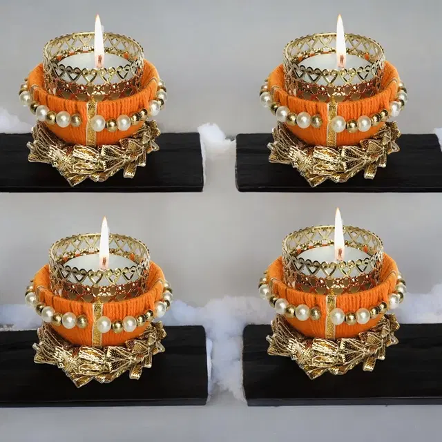 Metal Designer Tealight Candle Holder, Orange, 6.5x6.5x4.5 cm, Pack of 4
