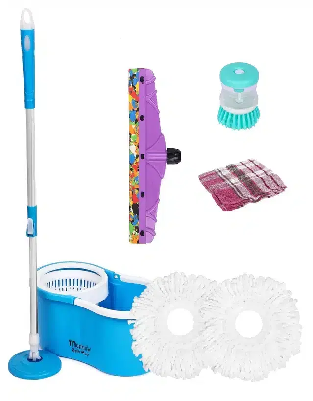 PVC Magic Spin Bucket Mop with 2 Refill & Cleaning Accessories Set, Blue, Set of 4