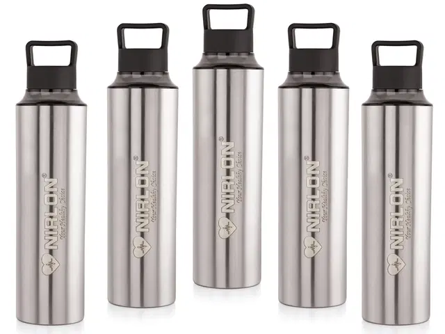 Nirlon Stainless Steel Water Bottles, Silver, 900 ml, Pack of 5