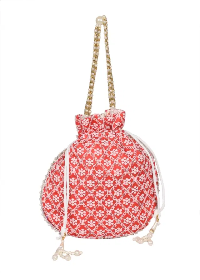 Silk Floral Ethnic Rajasthani Traditional Work Potli with Handle for Return Gifts, Maroon