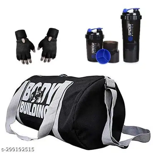 Combo of Gym Bag with Shaker Bottle, 600 ml, Gloves, Multicolor, Set of 3