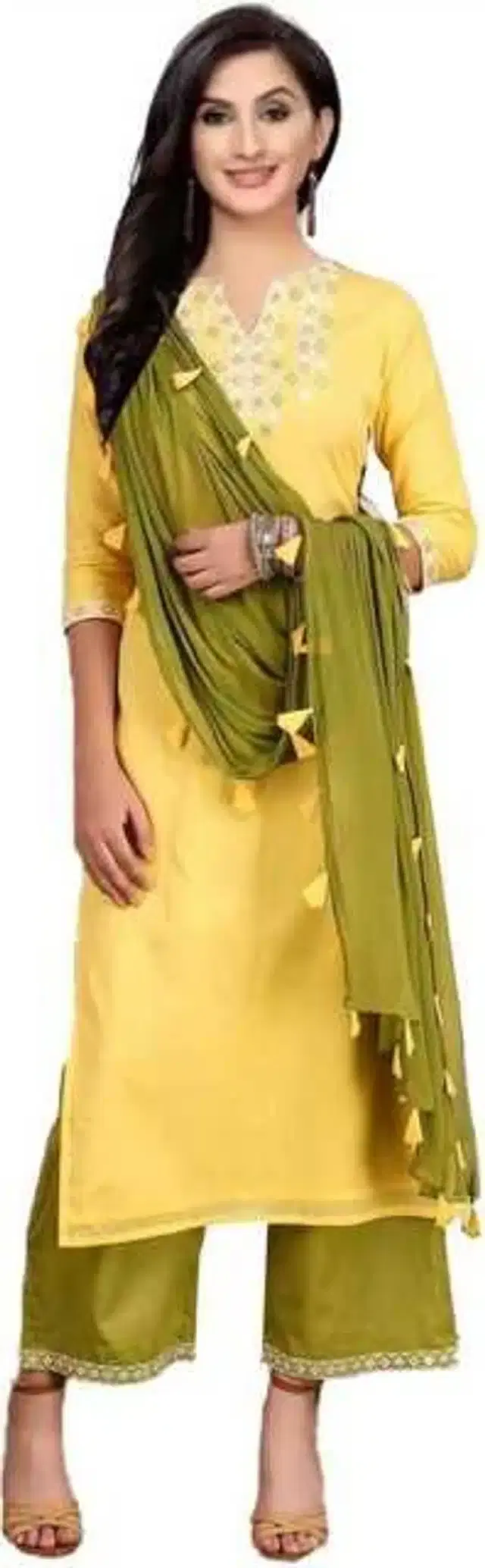 Women Cotton Blend Embroidered Kurta And Palazzo Set (Yellow, S) (SD-32)