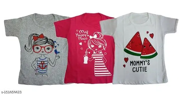 Round Neck Printed T-Shirt for Girls, Pack of 3 (Multicolor, 18-24 Months)