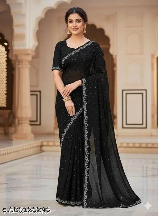 Georgette Embellished Saree For Women, Black