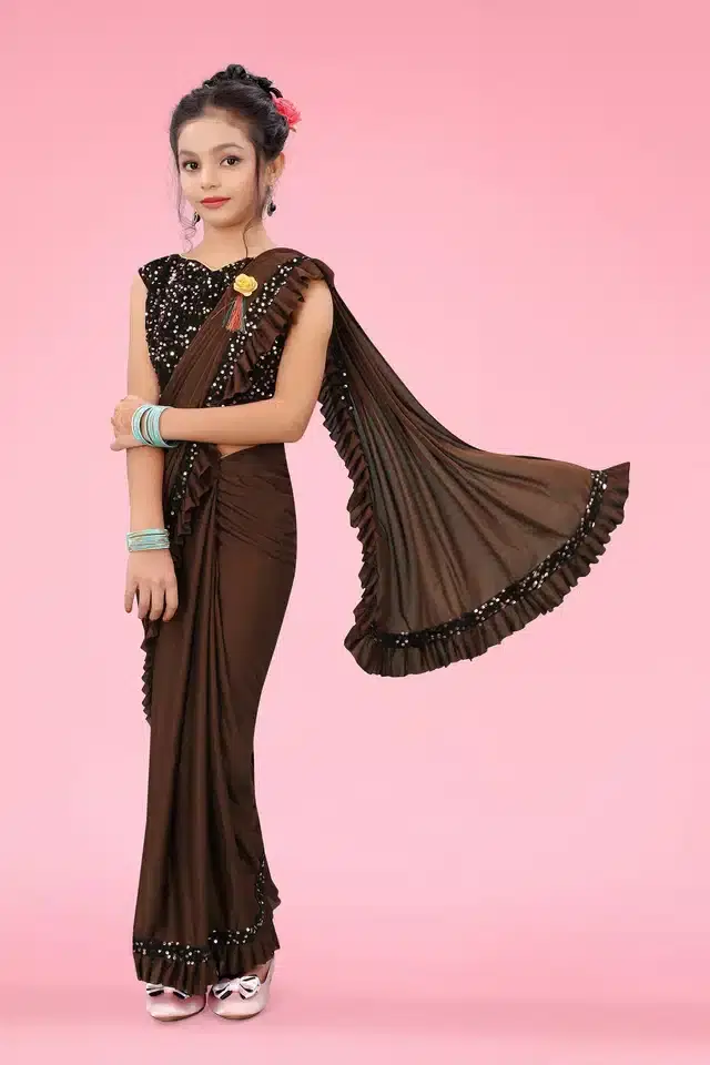 Ready to Wear Saree with Unstitched Blouse for Kids (Brown, 8-9 Years)
