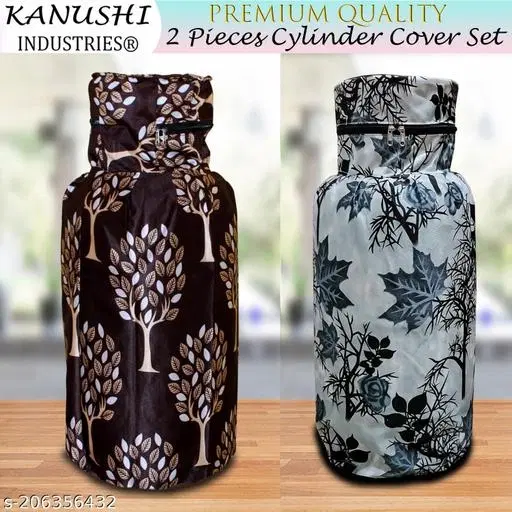 KANUSHI Industries® Designer LPG Gas Cylinder Cover Set of 2Pc (2PCS+CYL-Brown-Tree+Black-SHUB)