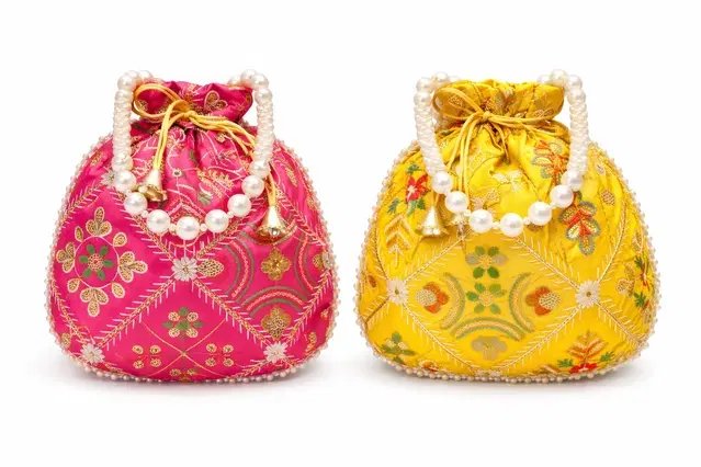 Handcrafted Embroidered Silk Potli Bag, Multicolour, Pack of 2